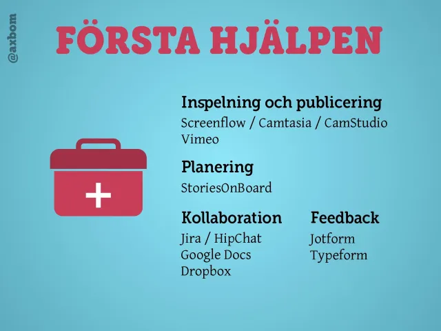 First aid: A first-aid box and the tools: recording and publishing (Screenflow, Camtasia, CamStudio, Vimeo), planning (StoriesOnBoard), collaboration (Jira, HipChat, Google Docs, Dropbox) and feedback (Jotform, Typeform).