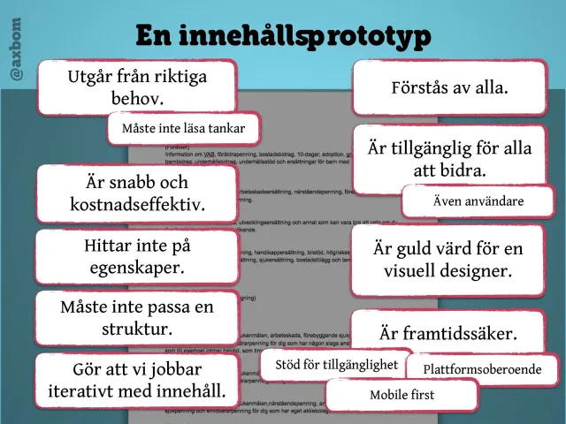 Egenskaperna: Lappar runt ett dokument: utgår från riktiga behov, är snabb och kostnadseffektiv, hittar inte på egenskaper, måste inte passa en struktur, gör att vi jobbar iterativt med innehåll, förstås av alla, är tillgänglig för alla att bidra (även användare), är guld värd för en visuell designer, är framtidssäker – stöd för tillgänglighet, plattformsoberoende, mobile first.