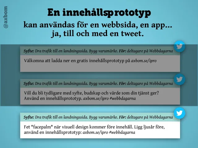 Till och med en tweet: ”En innehållsprototyp kan användas för en webbsida, en app… ja, till och med en tweet.” Samma syfte och målgrupp, och tre versioner av texten som blir tydligare för varje varv.