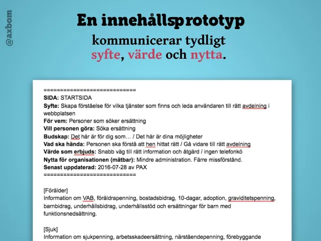 Syfte, värde och nytta: Sidhuvudet i en innehållsprototyp: sida, syfte, för vem, vad personen vill göra, budskap, vad som ska hända, värde som erbjuds, mätbar nytta för organisationen och senast uppdaterad – ovanför sidans innehåll.