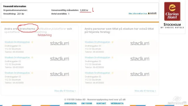 118 100: en företagssida: Del av en företagssida. En ruta med finansiell information (organisationsnumret dolt här) med omsättning 201 tkr, 1 anställd och en genomsnittlig månadslön på 3 000 kr, som Per har strukit under med ett utropstecken. Nedanför en lista med rubriken ”Andra ord i brancherna” där Per skrivit ”felstavning” med rött bredvid ett inringat ord, och en lista över företag som andra också tittat på – samma Stadium Drottninggatan tre gånger i varje lista.