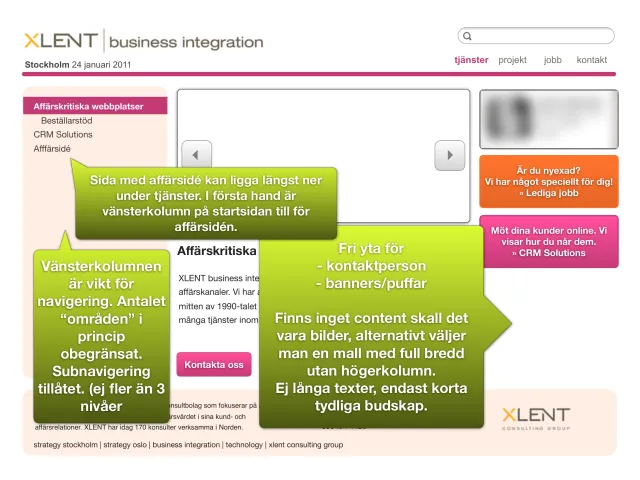 Webbplatsen 2011: en tjänstesida, kommenterad: Skiss av en tjänstesida för XLENT Business Integration, med pratbubblor: ”Sida med affärsidé kan ligga längst ner under tjänster. I första hand är vänsterkolumn på startsidan till för affärsidén”, ”Vänsterkolumnen är vikt för navigering. Antalet ’områden’ i princip obegränsat. Subnavigering tillåtet (ej fler än 3 nivåer)” och ”Fri yta för kontaktperson, banners/puffar. Finns inget content skall det vara bilder, alternativt väljer man en mall med full bredd utan högerkolumn. Ej långa texter, endast korta tydliga budskap.” En kontaktruta är suddad.